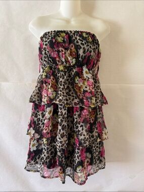Y2K Cheetah Floral Print Strapless Tube Dress Size S Tiered Mini Scene Grunge